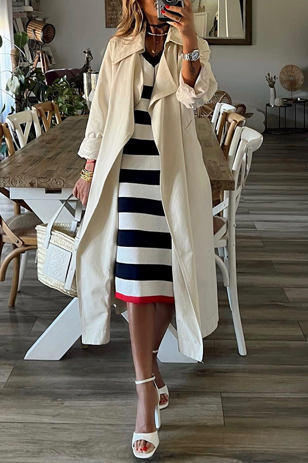 Striped V-Neck Cap Sleeve Side Slit Midi Dress