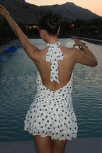 White Halter Mock Neck Shirred Waist Tiered Polka Dot Mini Dress