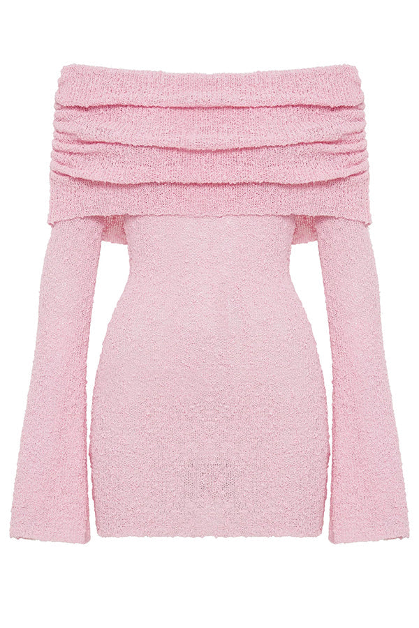 Off Shoulder Cowl Neck Long Sleeve Textured Knit Bodycon Mini Dress