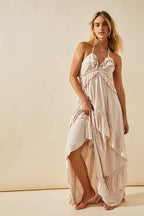 V-Neck Ruffled Spaghetti Strap Tiered Crinkle Texture Summer Maxi Dress