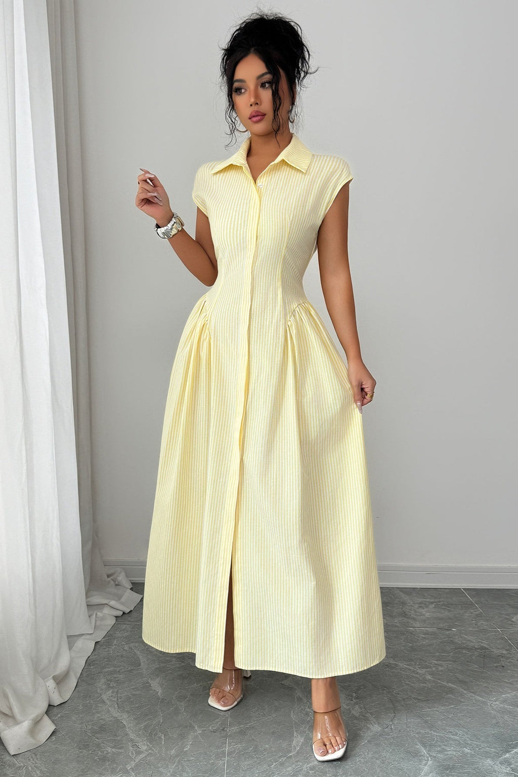 Beige Collared Sleeveless Pinstripe Cinched Waist Slit Maxi Shirt Dress