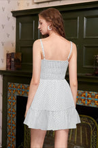 Polka Dot Spaghetti Strap Tie Front Keyhole Smocked Waist Ruffle Hem Mini Dress