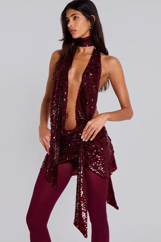 Sequin Halter Neck Deep V Neck Draped Neck Scarf Bodycon Mini Dress