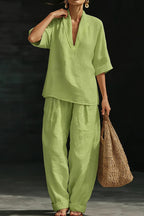 Solid Color V-neck Short-sleeved Loose Top and Casual Elastic Waist Pocket Pants Set
