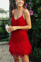 Sequin Fringe Feather Hem Spaghetti Strap Mini Dress