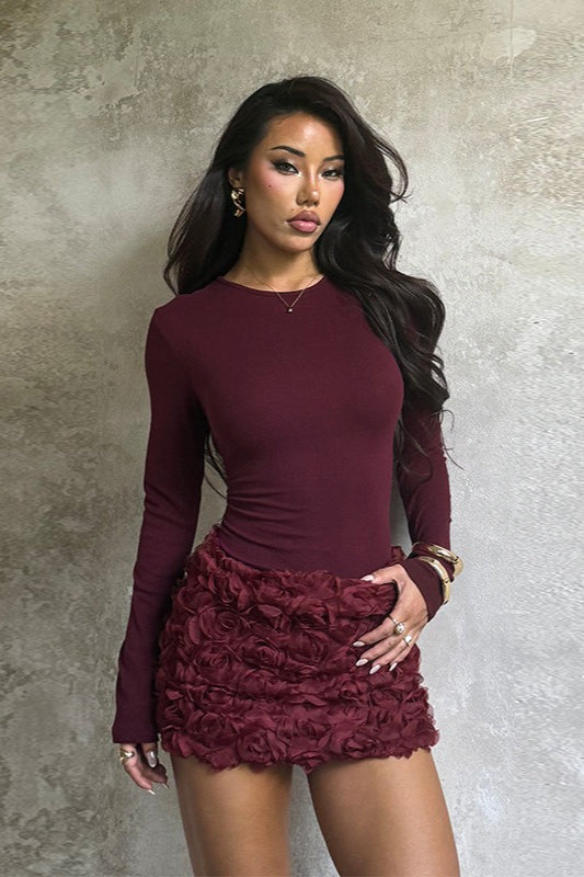 3D Rosette Applique High Waist Mini Skirt and Long Sleeve Top Two Piece Set