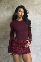3D Rosette Applique High Waist Mini Skirt and Long Sleeve Top Two Piece Set