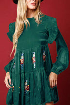 Satin Bishop Sleeve Shoulder Ruffle Nutcracker Sequin Patch Tiered Mini Dress
