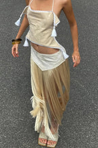 Stylish Halter Neck Lace Up Tassel Pendant Backless Top