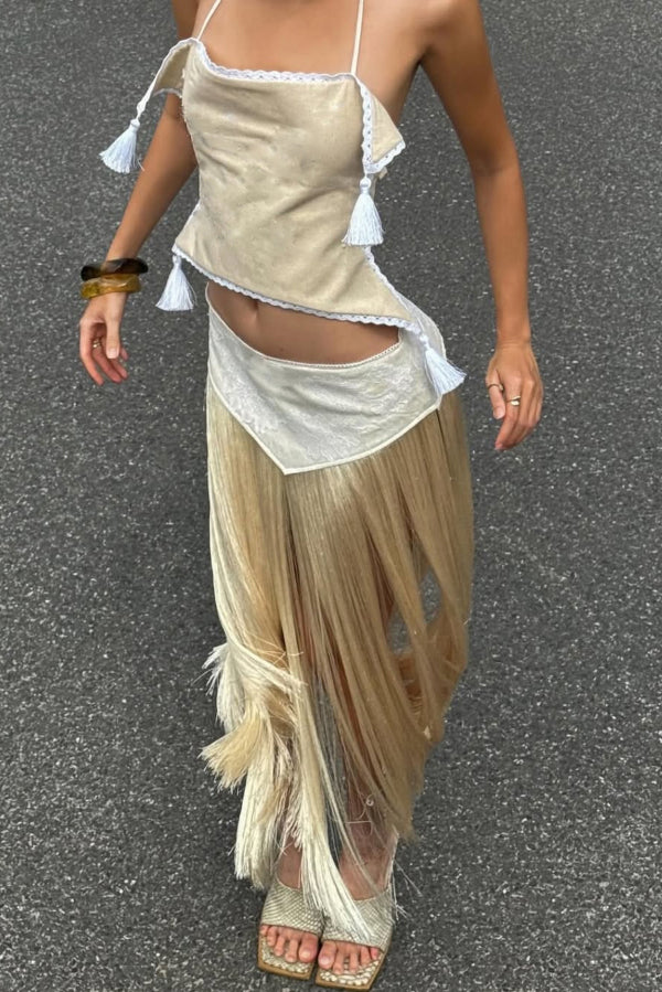 Stylish Halter Neck Lace Up Tassel Pendant Backless Top