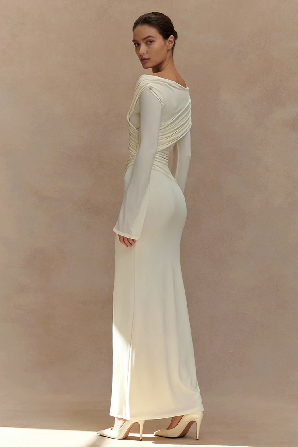 Off Shoulder Wrap Ruched Long Sleeve Sheer Sleeve Maxi Dress