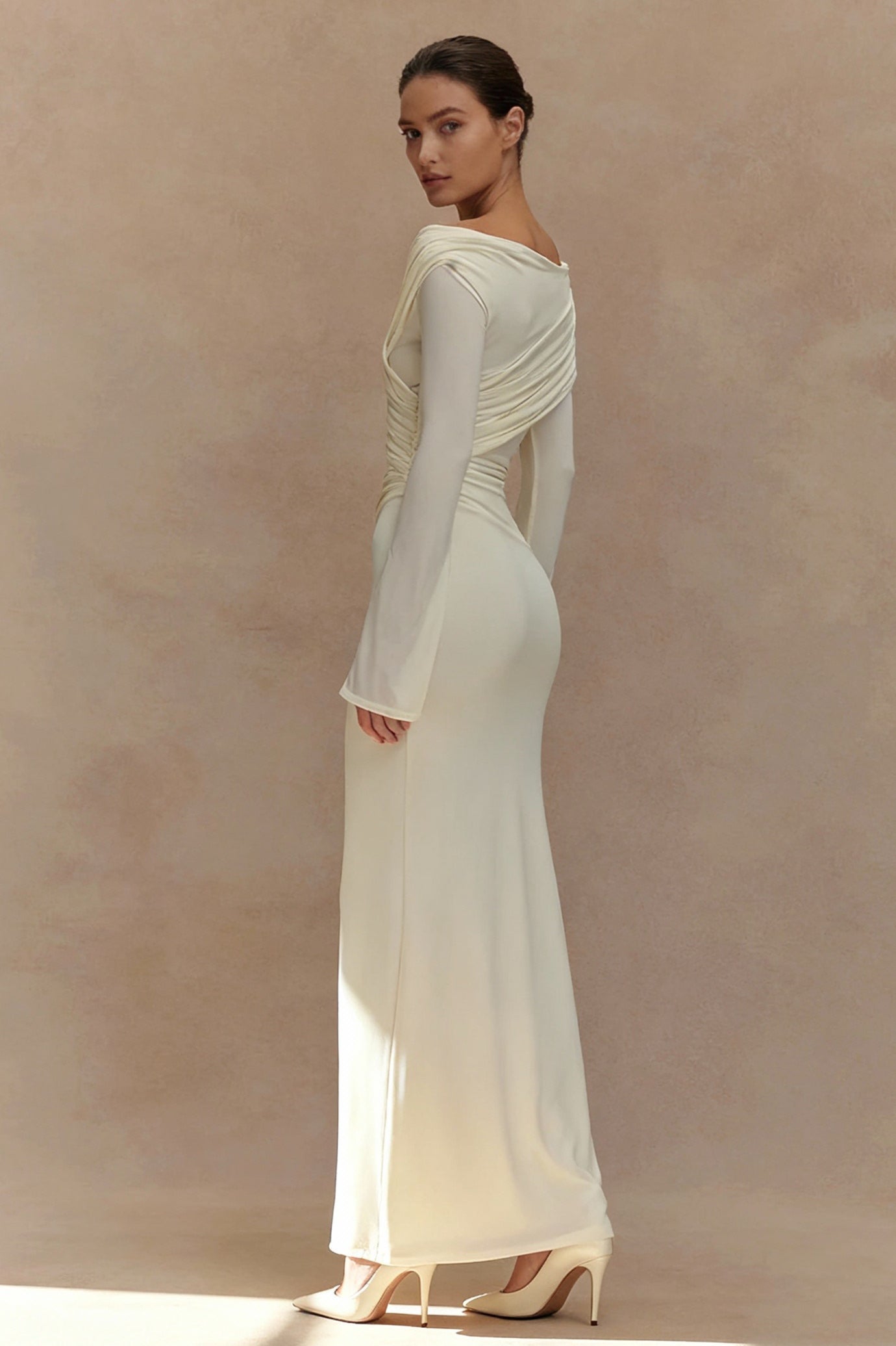 Off Shoulder Wrap Ruched Long Sleeve Sheer Sleeve Maxi Dress