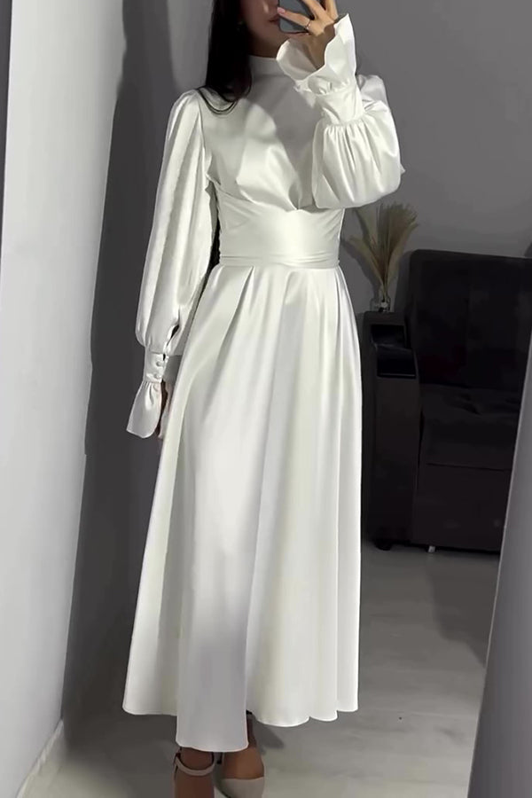 Mock Neck Bishop Sleeve Ruched Waist Satin Maxi Dress