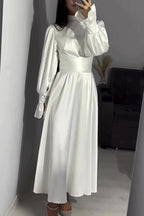 Mock Neck Bishop Sleeve Ruched Waist Satin Maxi Dress
