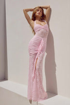 Lace Halter Sweetheart Ruched Sheer Panel Center Ruffle Maxi Dress