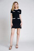Contrast Trim Knit Mock Pocket Button Detail Mini Dress