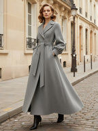 Belted Double-Breasted Woolen Full-Length Coat With Balloon Sleeves For Women 2026
