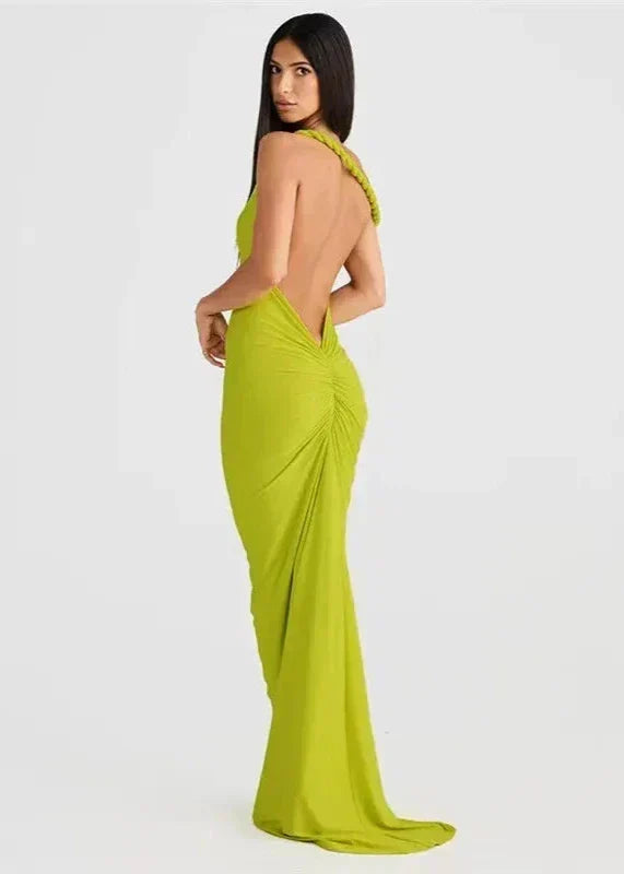 One-Shoulder Twisted Strap Folded Neckline Bodycon Maxi Dress
