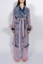 Denim Ostrich Feather Trim Belted Overcoat