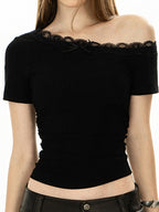 One Shoulder Lace Short Sleeve Tee