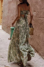 Green Spaghetti Strap Square Neck Ruched Damask Print Tiered Maxi Dress