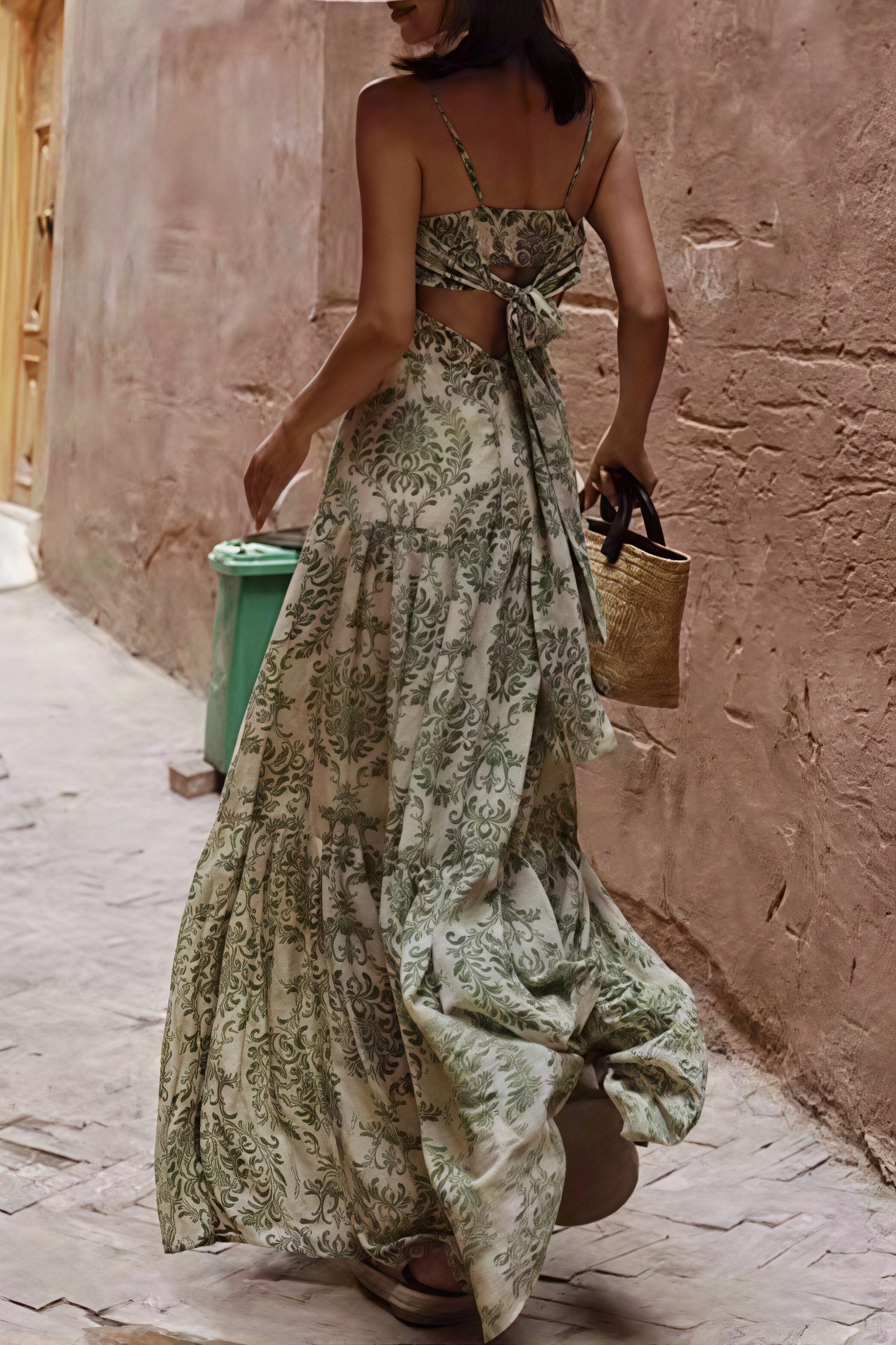 Green Spaghetti Strap Square Neck Ruched Damask Print Tiered Maxi Dress