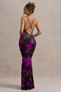 Purple Criss Cross Back Open Back Floral Print Bodycon Maxi Dress