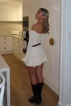 Off Shoulder Lace Bell Sleeve Ruffle Hem Bodycon Mini Dress