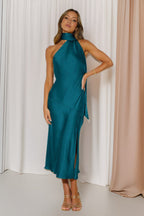 Satin Halter Neck High Split Draped Scarf Midi Cocktail Dress