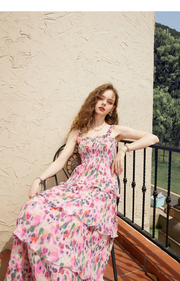 Square Neck Smocked Bodice Tiered Ruffle Floral Print Maxi Dress