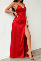 Satin Wrap V-Neck Spaghetti Strap High Split Maxi Dress