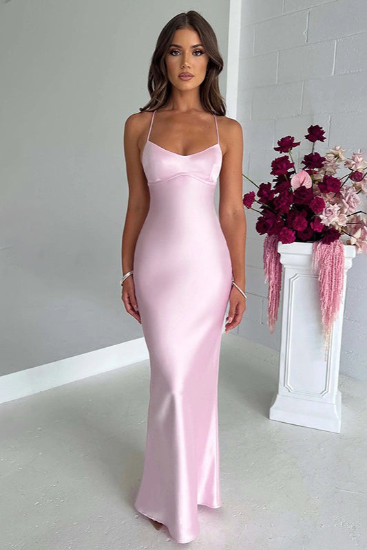 Satin Spaghetti Strap Scoop Neck Bodycon Maxi Slip Dress