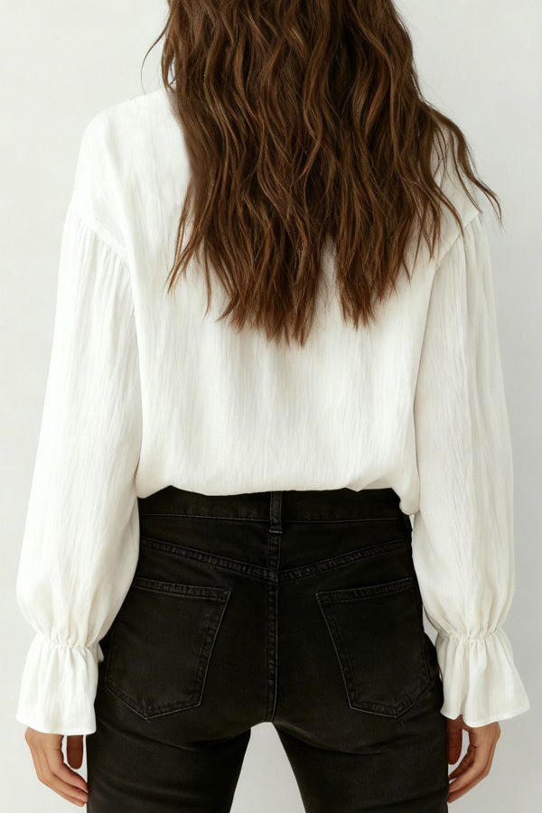 Solid Color Patchwork Lace Lapel Long-sleeved Button Casual Shirt