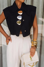 Creative Style Metal Buckle Design Lapel Crop Tank Top