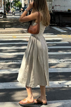 Linen Blend Button Neck Keyhole Cut Out Umbrella Hem A-Line Midi Dress