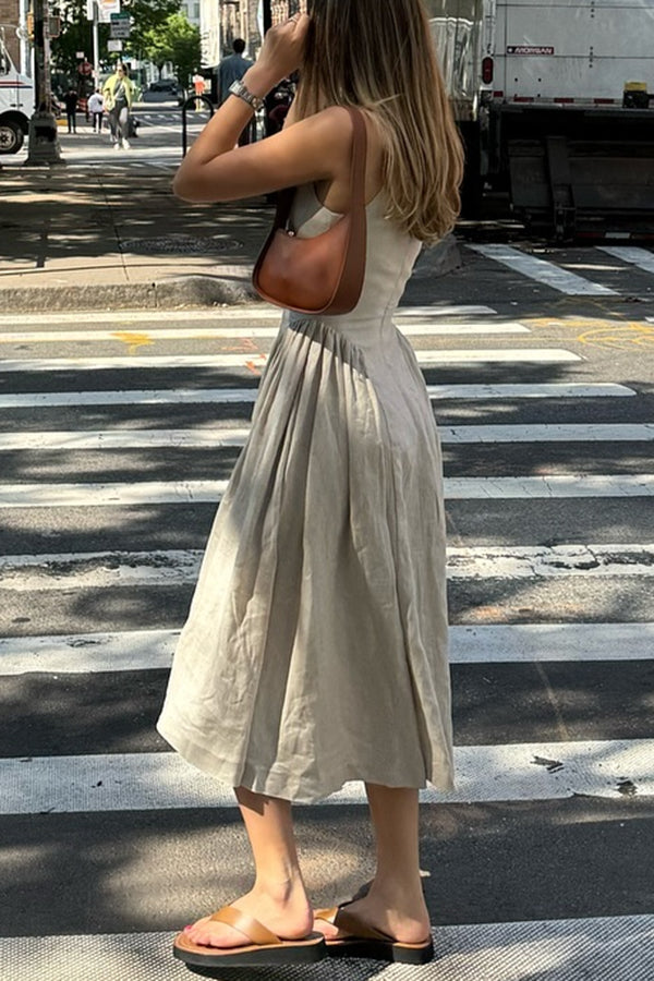 Linen Blend Button Neck Keyhole Cut Out Umbrella Hem A-Line Midi Dress