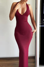 Halter Neck Deep V-Neck Sleeveless Bodycon Maxi Dress