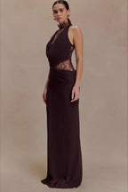 Brown Halter Lace Cowl Bodycon Dress