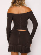 Off Shoulder Top-stitching Cropped Tee & Mini Skirt Set