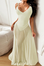 Mesh Overlay Deep V-Neck Spaghetti Strap A-Line Maxi Dress