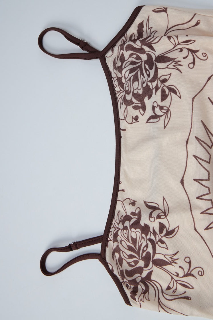 Brown Spaghetti Strap Square Neck Graphic Print Bodycon Mini Dress