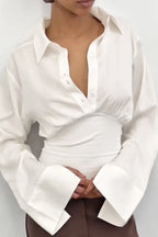 Sleeve Panel Solid Polo Blouse