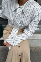 Striped Tie Shoulder Pad Smart Blouse