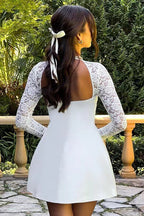 Square Neck Floral Lace Long Sleeve Overlay Satin A-Line Mini Dress