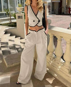 Khaki Cotton Patchwork Pockets Pants Office Two Piece Set