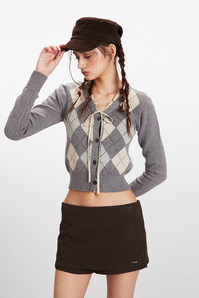 Argyle Cropped V Neck Cardigan
