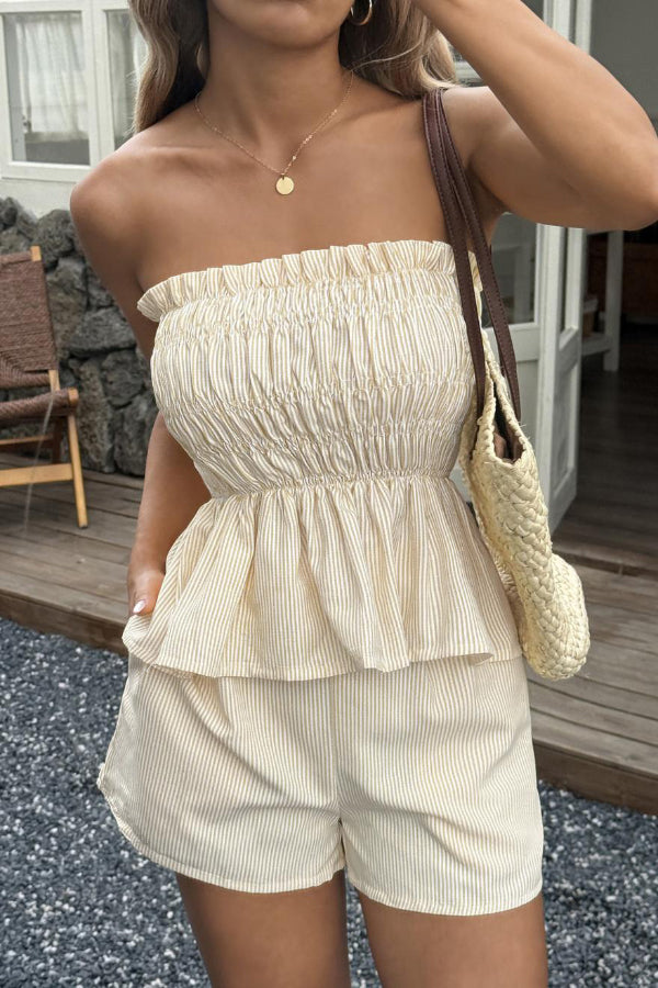 Striped Printed Sleeveless Off-shoulder Ruched Top and Elastic Waist Casual Pocket Shorts Set