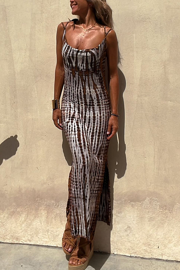 Tie Dye Print Crisscross Back Spaghetti Strap Bodycon Maxi Dress