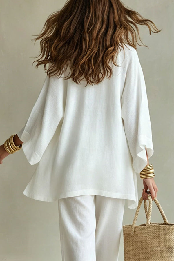 Linen Blend Solid Color Loose Cardigan V-neck Sleeveless Vest and Elastic Waist Pocket Straight Leg Pants Three-piece Set