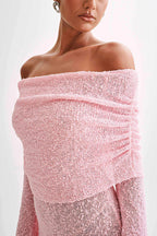 Off Shoulder Cowl Neck Long Sleeve Textured Knit Bodycon Mini Dress